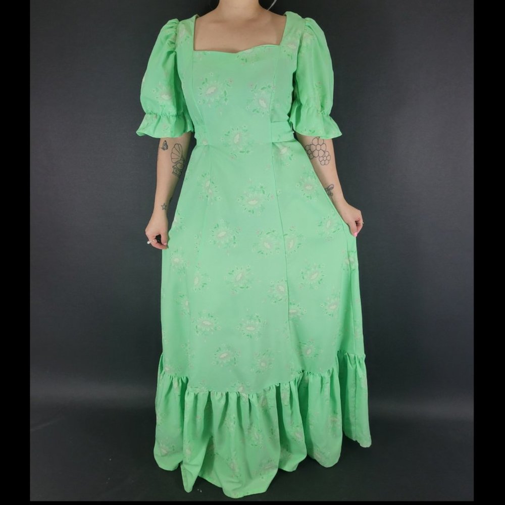 70s Lime Green Floral Puff Sleeve Prairie Maxi Dress